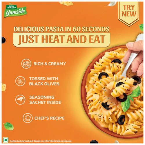 Tata Sampann Yumside cheesy-pasta-with-black-olives-rich-creamy-ready-to-eat-meal-serves-2, 285 g-5.webp